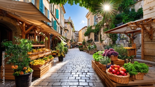 Vibrant Market Street with Fresh Produce, Colorful Flowers, and Charming Architecture in a Scenic European Village