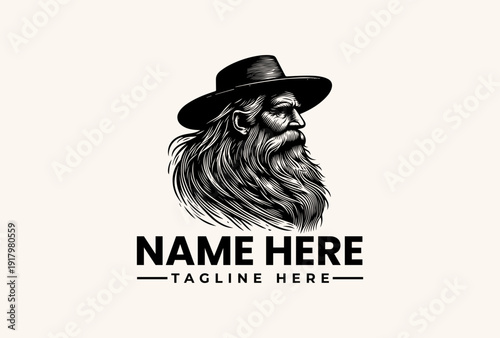 A black and white illustration of a bearded man wearing a hat with a placeholder text for name and tagline on a plain background, featuring a logo design with vector graphics.