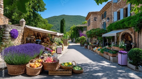 Charming Rustic Market Scene with Colorful Fruits and Flowers in a Scenic Village Surrounded by Lush Green Mountains and Clear Blue Skies