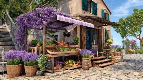 Charming traditional market stall filled with fresh produce and colorful flowers surrounded by beautiful lavender bushes and quaint scenic architecture