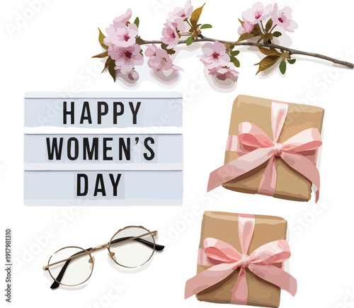 Happy womens day composition with flowers, gifts, and eyeglasses