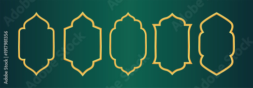 Golden Ornate Frame Overlay Collection with Symmetrical Curved and Pointed Designs Featuring Traditional Islamic and Middle Eastern Motifs on Dark Green Gradient Background for Decorative, Elegant, an