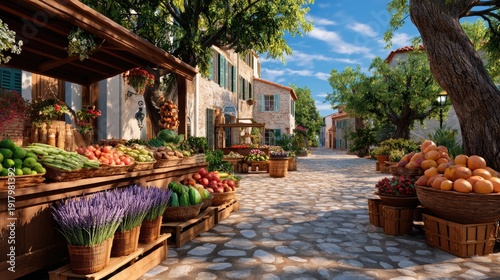Vibrant Open-Air Market with Fresh Produce and Beautiful Scenery in a Picturesque Village Setting under a Clear Blue Sky