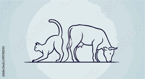 Minimalist vector illustration of a cat and a cow showcasing adorable farm friendship in clean modern design style.