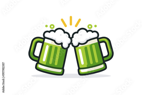 Two green beer mugs clinking with foamy heads and sparks