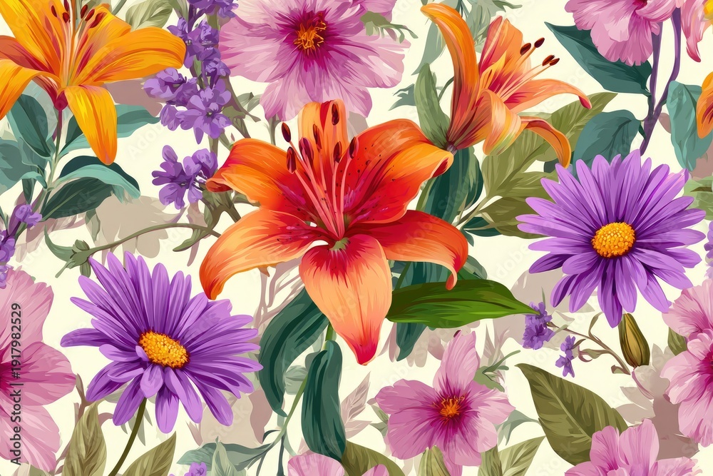 Fototapeta premium Vivid floral pattern featuring a medley of flowers, including lilies, and daisies, on a cream background