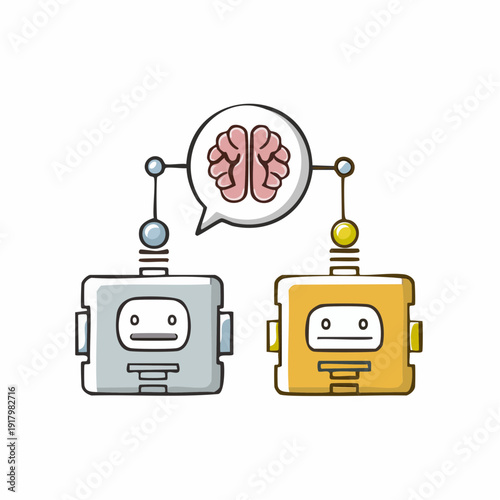 Two robotic machines collaborating on artificial intelligence project with brain icon in a vector file.