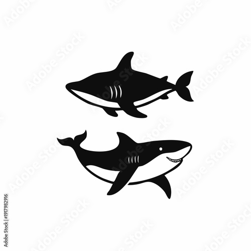 Create a sea animal icon set with 2 solid black silhouette icons in one vector