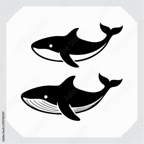 Create a sea animal icon set with 2 solid black silhouette whales in one vector file at the ocean surface from a direct viewpoint