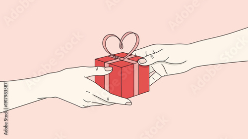 Hands exchanging a gift with a heart-shaped ribbon.