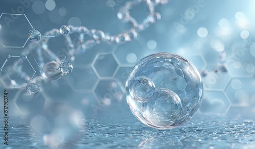 Digital image of a sphere with cell structures and DNA strand in a light blue, blurry background