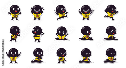 Animated character expressing various emotions in playful poses  