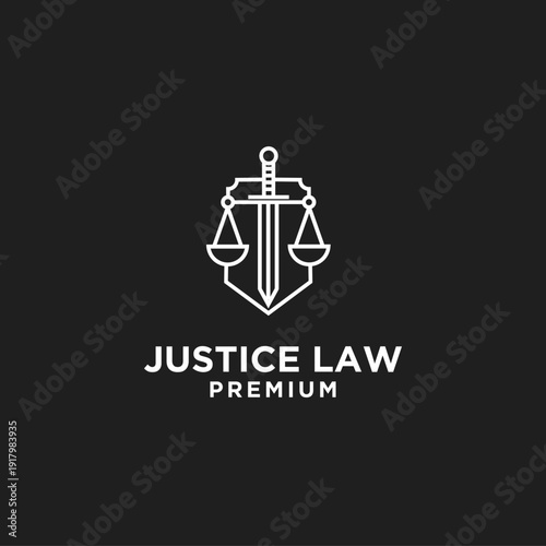 Modern Monoline Justice Law Logo with Scales of Justice, Sword, and Shield Design