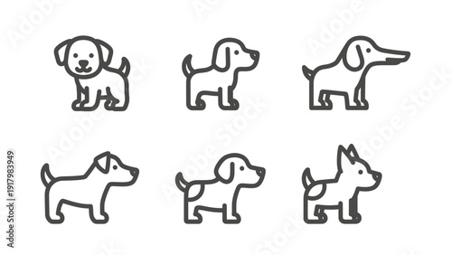 Set of various cute dog icons in line art style on white background.