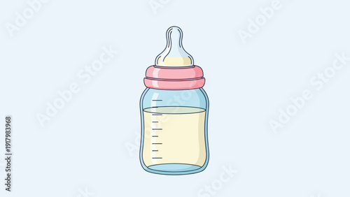 A cute cartoon baby bottle filled with milk.