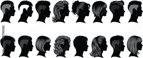 Collection of male and female head profile silhouettes with various modern hairstyles and haircuts isolated on white background vector illustration.