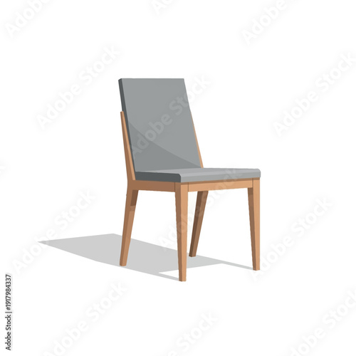 Modern wooden chair with gray upholstered seat and backrest.