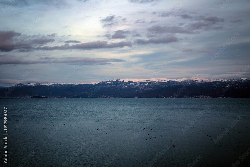 Fototapeta premium Lake Ohrid view by twilight near Lin village, Albania