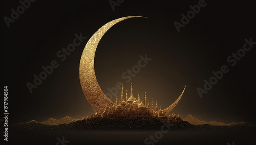 Crescent moon made of gold over a city in a dark, starry background