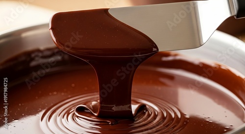 Melted chocolate dripping from spatula into bowl  