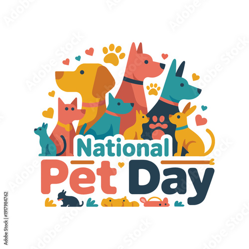 National Pet Day colorful of dogs and cats with hearts, pet,s animals design