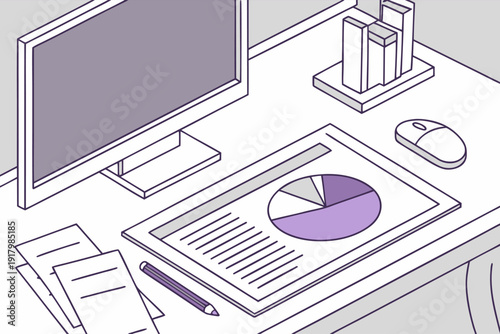 Minimalistyczne biurko analityka z komputerem i raportem z wykresem kołowym – analiza danych, statystyki i praca biurowa.