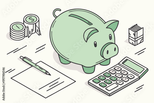 Skarbonka z kalkulatorem i dokumentami, oszczędzanie pieniędzy i planowanie budżetu.