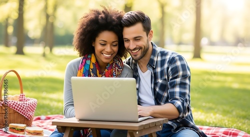Couple enjoys laptop during sunny park picnic with snacks.