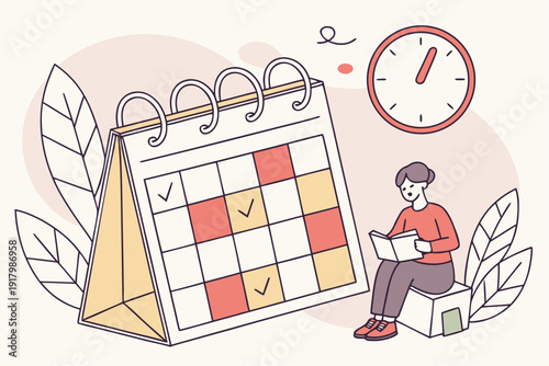 Planowanie czasu i kalendarz z zaznaczonymi terminami, zarządzanie zadaniami i harmonogram, ilustracja pracy i organizacji.