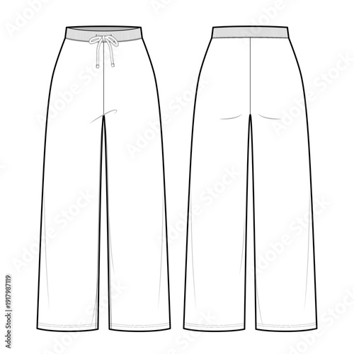 Women's Wide-Leg Drawstring Lounge Pants Technical Flat Sketch( Front and Back View) Vector, Cad Mockup 