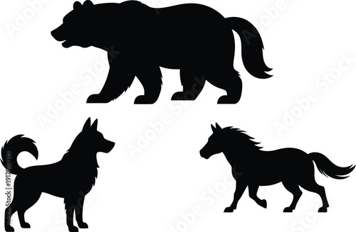 Black silhouette vector set featuring a grizzly bear head husky dog and a running horse isolated on white background.