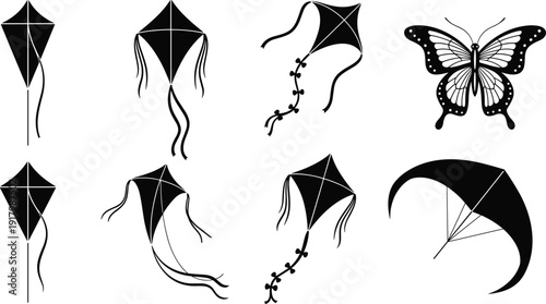 Black kite silhouettes set with flying kites, butterfly and parachute shapes, flat vector illustration for festival, childhood, freedom, wind, and outdoor recreation concepts