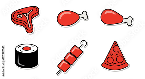 Set of Food Icons Stickers: Steak, Chicken Leg, Sushi, Yakitori, and Pizza Slice Isolated on White