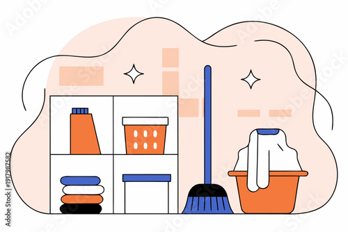 Sprzątanie domu, środki czystości i mop obok kosza na pranie, porządek w mieszkaniu i obowiązki domowe.
