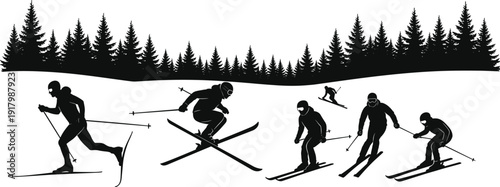 Large collection of black skier silhouettes performing downhill skiing and cross country skiing with pine tree forest background isolated vector illustration on white background.
