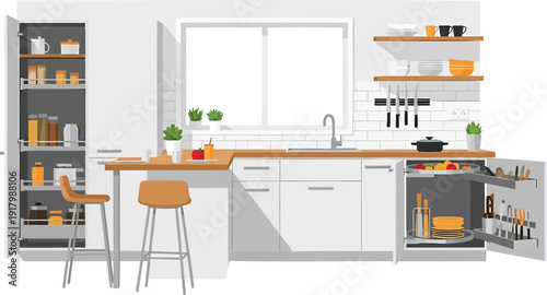 Modern kitchen interior with island and appliances, isolated on transparent background