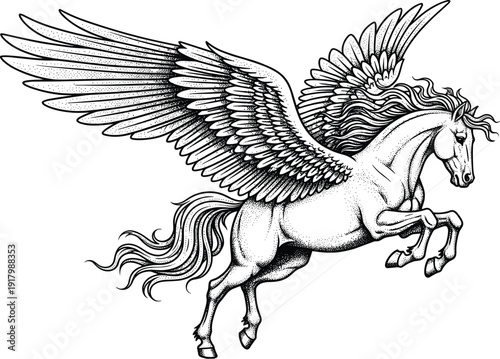 Majestic Pegasus mythical winged horse vector line art illustration featuring a flying stallion for Greek mythology fantasy designs tattoo stencils and majestic equestrian branding