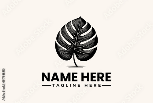 A black monstera leaf logo with a placeholder name and tagline on a beige background, featuring a vector illustration style with a minimalist design.