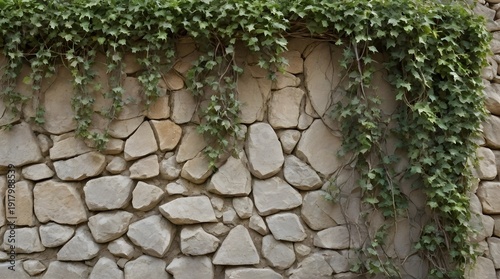 Stone Wall With Hanging Ivy Vines Over Rustic Garden Masonry (Textured Outdoor Facade)