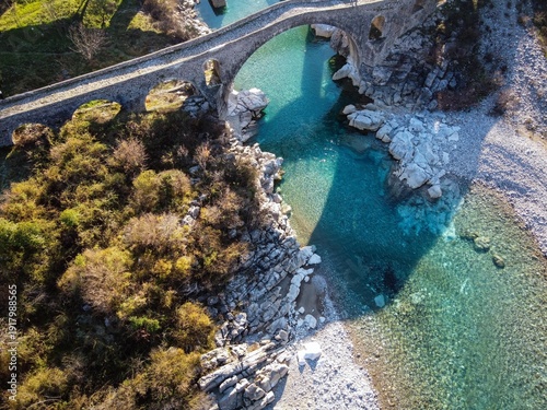 Ottoman Mesi Bridge aerial view near Mes village, Albania