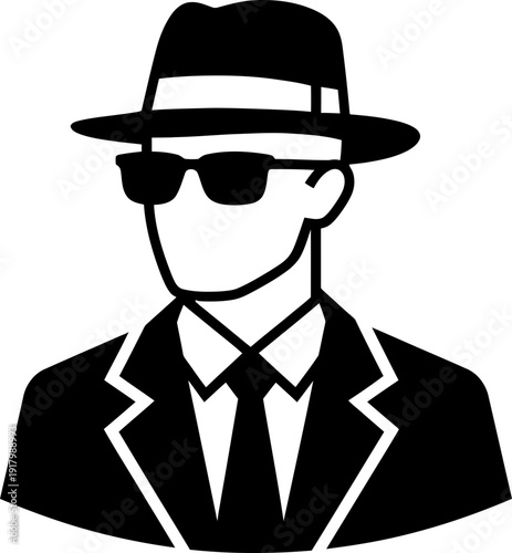 Man in fedora hat and sunglasses, representing detective, spy, or anonymous individual, a simple flat vector icon