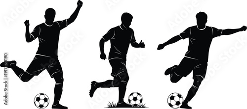 Soccer player silhouette vector illustration set featuring athletes kicking footballs, dribbling on grass, and celebrating goals for sports competition design.
