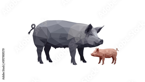 A Low Poly Silhouette of Berkshire Pig and Piglet from English Countryside Farm. transparent.