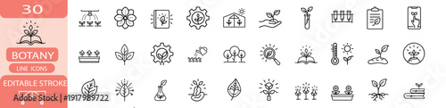 Botany and plant science outline icon set, agricultural research and greenhouse symbol, nature biology and more vector illustration with editable stroke.