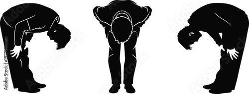 Set of three black silhouettes of a man bowing in respect or prayer from front and side views isolated on white