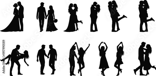 Romantic Wedding Couple Silhouette Set with Dancing Embracing and Proposal Poses in Black Vector Illustration Collection Design