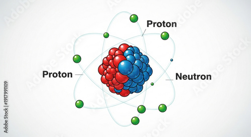 Detailed atomic structure illustration with protons and neutrons