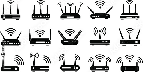 Collection of Modern Wireless Router Icons with WiFi Signal Symbols in Flat Black Silhouette Vector Set Illustration for Network Technology