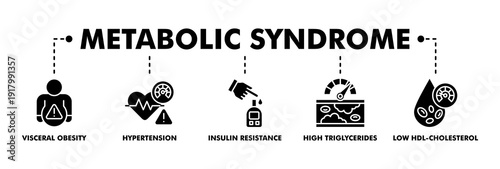 Symptoms of Metabolic Syndrome banner web glyph vector illustration concept with an icon of Hypertension, Insulin Resistance, High Triglycerides, Low HDL-Cholesterol, Visceral Obesity