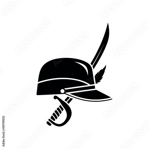 Black Silhouette of a Historical Military Helmet with a Feather and a Sword.